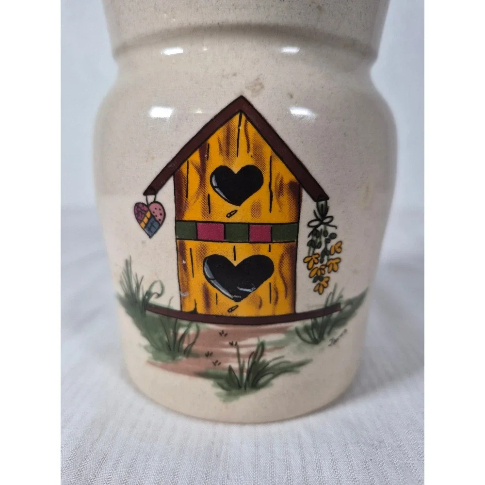 Vtg Yesteryears Hand Painted Birdhouse Stoneware Crock Jar w/Lid - USA